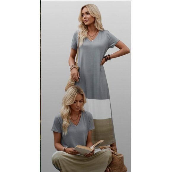 Short Sleeve Color Block Tee Dress Gray - Picture 2 of 7